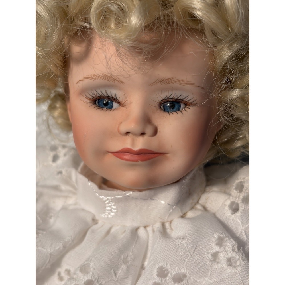 Curly Blonde Hair Porcelain Doll 16" Blue Eyes All White Gown - Picture 3 of 13